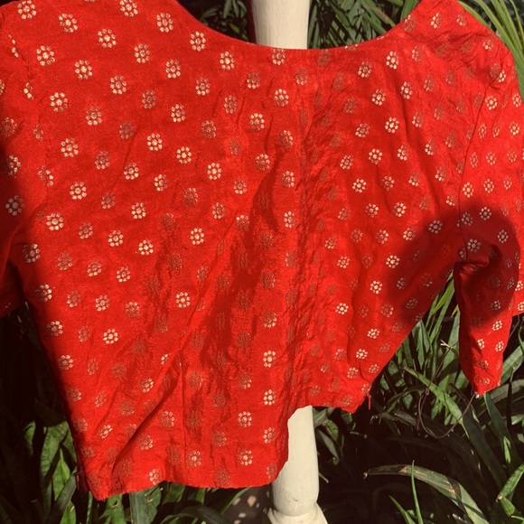 FIERY RED saree blouse with golden thread work. Full back. Zips on sides. - Picture 4 of 9